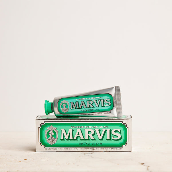 Marvis Classic Strong Mint Toothpaste 25ml Women's Facial Care Women whitening whitener whiten white toothpaste tooth decay tooth teeth care teeth tartar quality prevent plaque paste Mouthcare mouth care Mouth minty mint Men's Facial Care Men mavis Marvis Toothpaste Marvis Made in Italy italy italian gifts gift fresh florence flavours flavour facial care face care face drugstorelove drugstore's drugstore drug-store decay cult artisanal